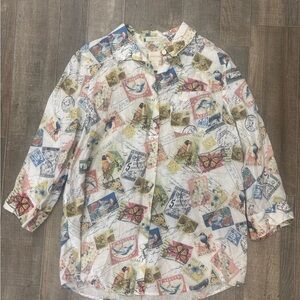 Chico's No Iron Linen Button Up Blouse Novelty Travel Stamp Print Birds Size 0 S